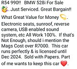 R54 990!! b m w 528i for sale 拾 just serviced great bargain!! what great value for money electroni